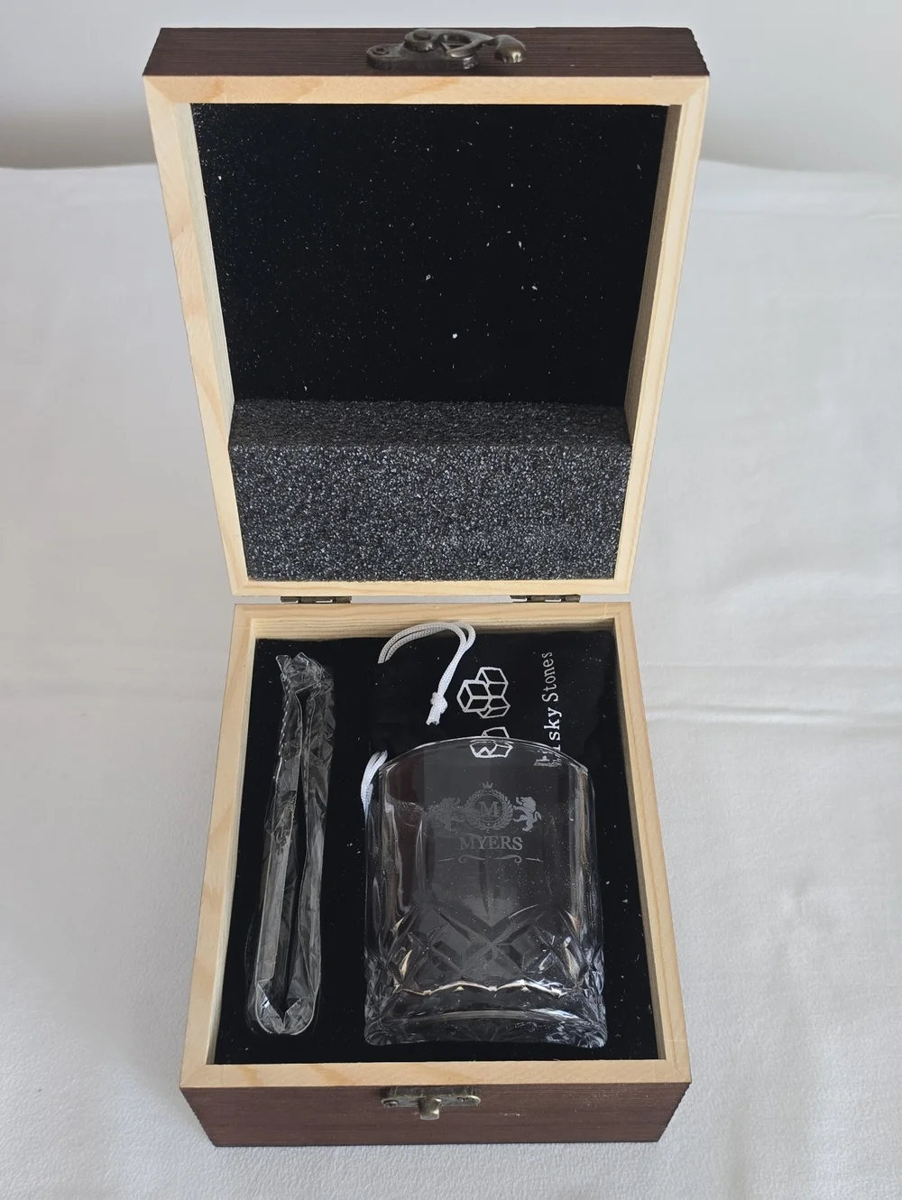 Branded Clear Whiskey Glass Gift Set with Wood Box. New
